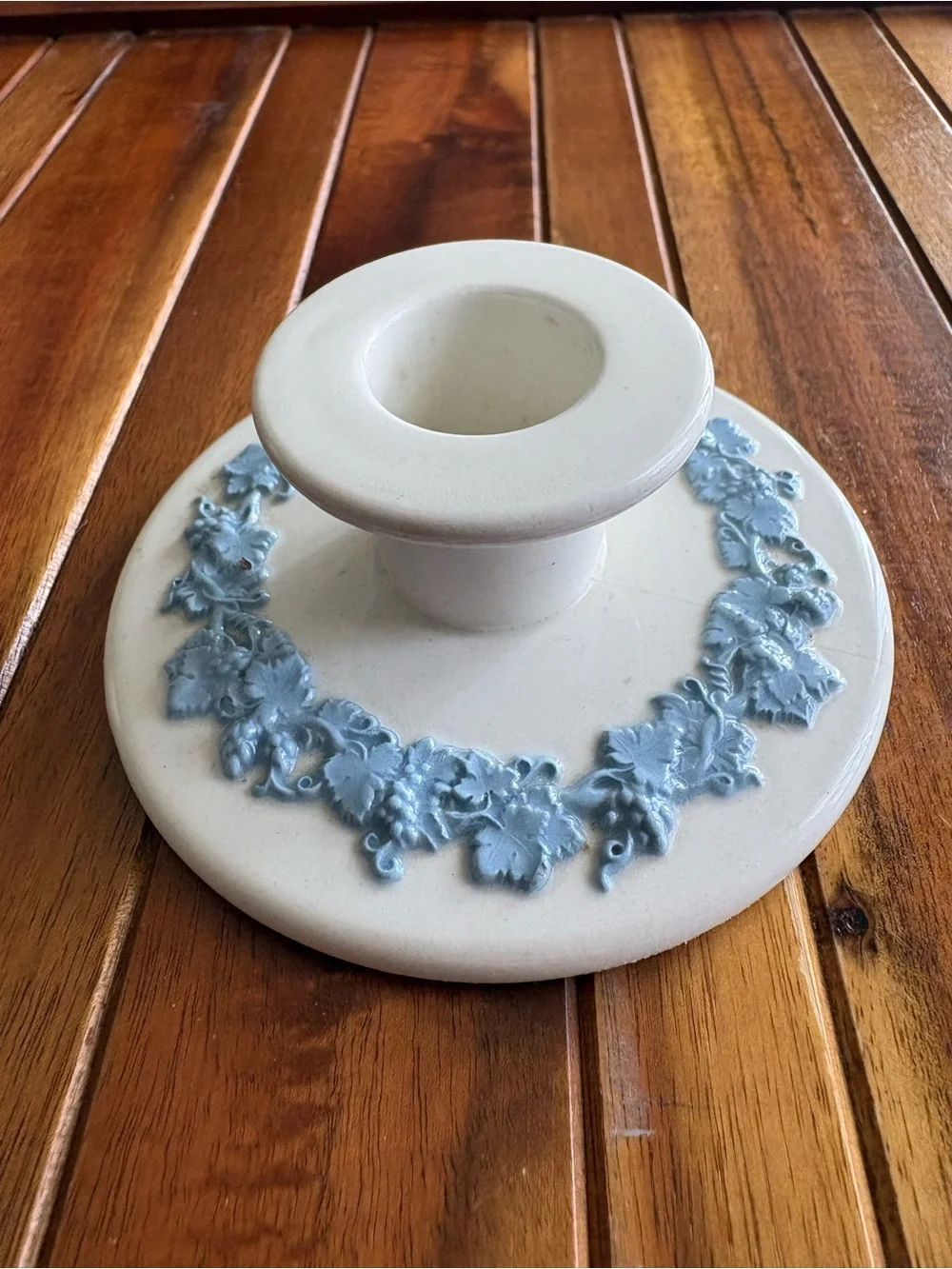 Wedgwood Etruria & Barlaston Embossed Queensware Candle Holder Blue on Cream